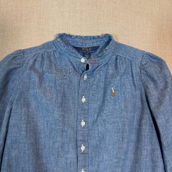 Ralph Lauren Polo Girls Chambray Denim Dress Size 7 Long Sleeve Ruffle Hem - Picture 3 of 9
